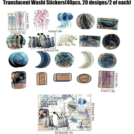 100 PCS Ocean Theme Ephemera Pack - Scrapbook Sticker Paper, Washi & PET Stickers for Junk Journal, Collage, Planners & Craft Supplies