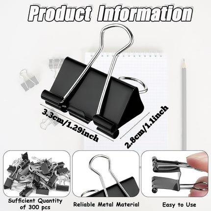 300pcs Heavy Duty Binder Clips, 1.25 Inch Medium Black Metal Paper Clamps for Office, School, Home & Business Use