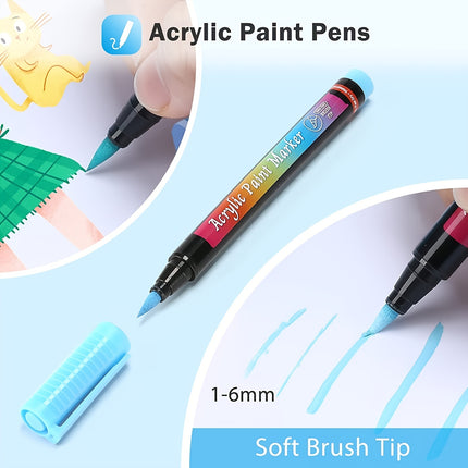 30-Piece Soft Brush Tip Acrylic Paint Marker Pens Set | Waterproof Art Markers for Rock Painting, Fabric, Wood, Glass & Canvas Crafts