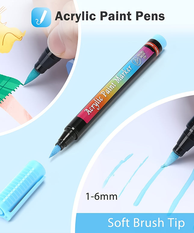 30-Piece Soft Brush Tip Acrylic Paint Marker Pens Set | Waterproof Art Markers for Rock Painting, Fabric, Wood, Glass & Canvas Crafts