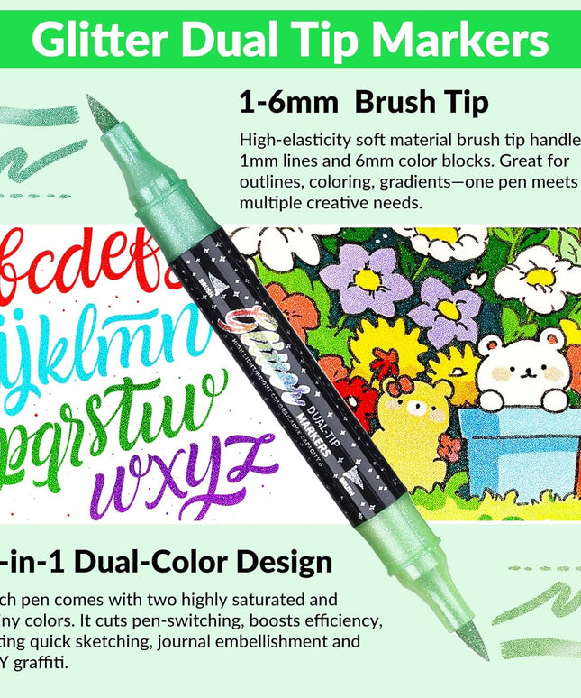 36pcs Glitter Markers 72 Colors Dual Tip, Metallic Sparkle Pen Set for Adult Coloring, Card Making, DIY Craft Projects, Drawing, Doodling & Journaling Supplies