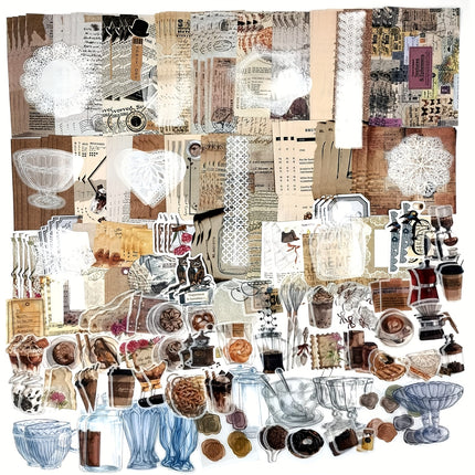 260PCS Vintage Scrapbooking Stickers Paper Pack for Journaling Junk Journal Planners Collage Craft Notebooks Album Coffee and Bread Theme