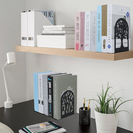 5 Pairs of Decorative Tree Bookends for Shelves - Heavy Duty Black Metal Book Stoppers for Home, Office, School