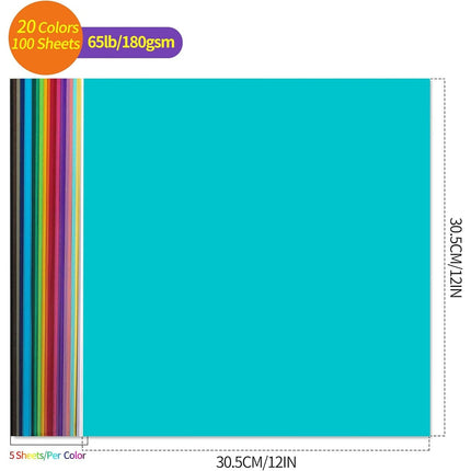 100 Sheets Colored Cardstock - 20 Vivid Colors 180GSM Card Paper for Card Making, Scrapbooking, Arts and Crafts Projects (12x12inch/30.5x30.5 cm)