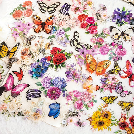 300pcs Transparent PET Butterfly & Flower Stickers - Waterproof Floral Decals for Journaling, Scrapbooking & DIY Crafts