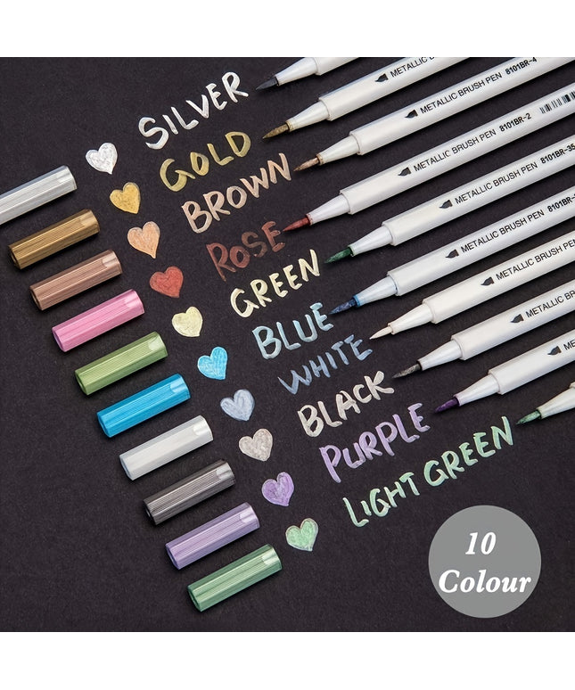 10pcs Metallic Brush Tip Marker Pens Set - Non-Toxic Water-Based Ink for Calligraphy, Card Making, Rock & Mug Painting