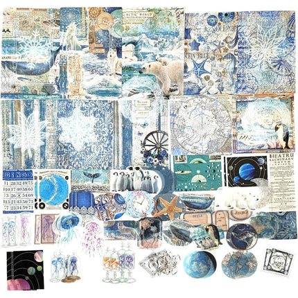 100 PCS Ocean Theme Ephemera Pack - Scrapbook Sticker Paper, Washi & PET Stickers for Junk Journal, Collage, Planners & Craft Supplies