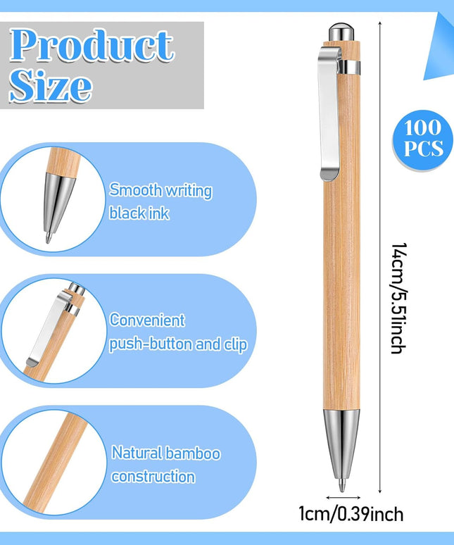 200 Pcs Bamboo Ballpoint Pens Bulk - Retractable Engravable Pens with 1mm Medium Point for Smooth Writing, Custom Corporate Gifts, Journaling Supplies