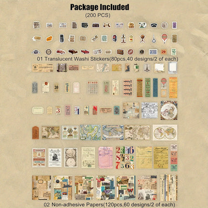 200 Pieces Vintage Ephemera Scrapbooking Supplies Pack for Journaling, Decoupage Paper Scrapbook Stickers Kit for Bullet Junk Journal Planners Collage Craft Notebooks Album