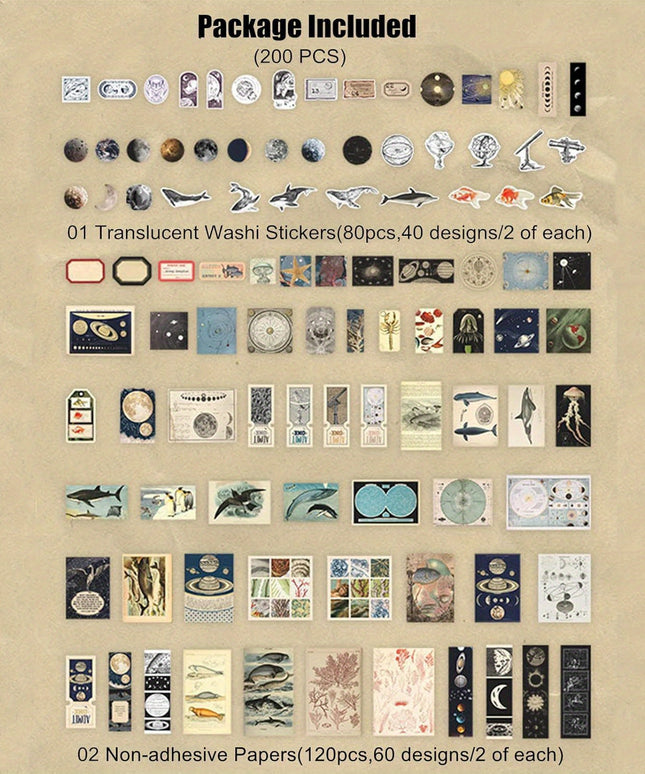 200 Pieces Vintage Ephemera Scrapbooking Supplies Pack for Journaling, Decoupage Paper Scrapbook Stickers Kit for Bullet Junk Journal Planners Collage Craft Notebooks Album