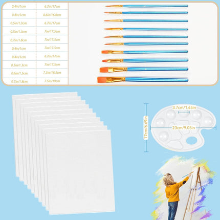 144 Piece Complete Art Painting Kit - 120 Wooden Brushes, 12 Canvases & 12 Palettes for Adults, Beginners & Artists, Bulk Canvas Painting Supplies