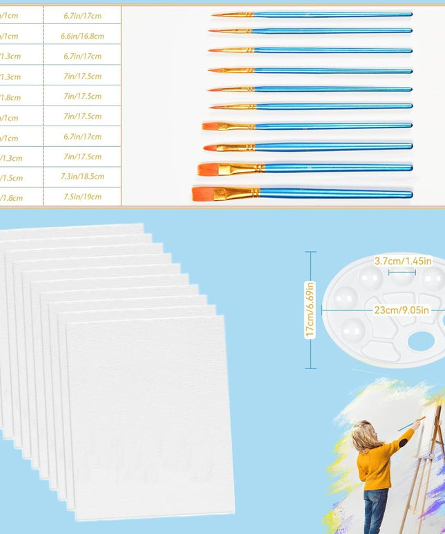 144 Piece Complete Art Painting Kit - 120 Wooden Brushes, 12 Canvases & 12 Palettes for Adults, Beginners & Artists, Bulk Canvas Painting Supplies