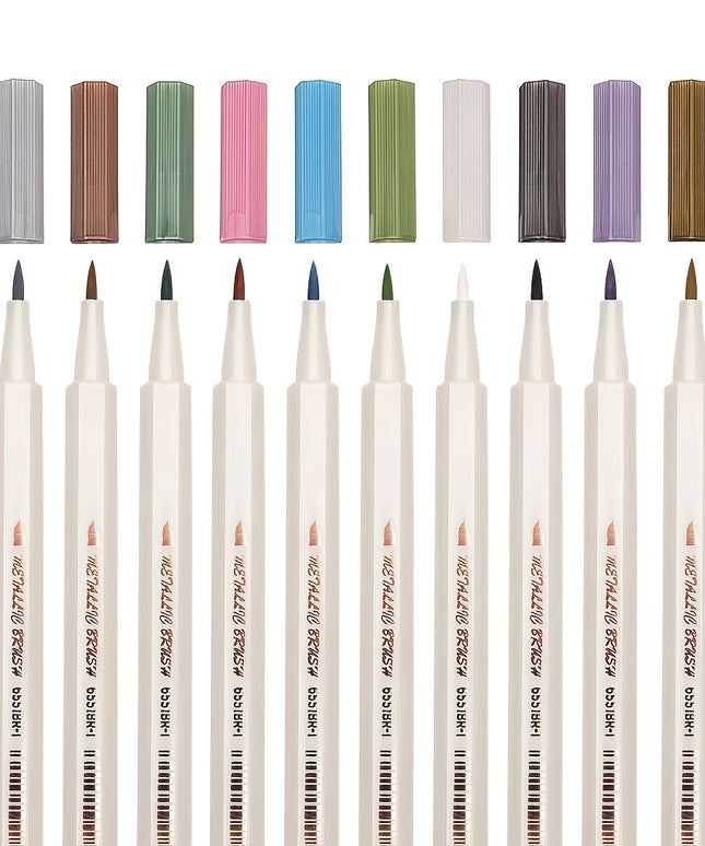 10pcs Metallic Brush Tip Marker Pens Set - Non-Toxic Water-Based Ink for Calligraphy, Card Making, Rock & Mug Painting