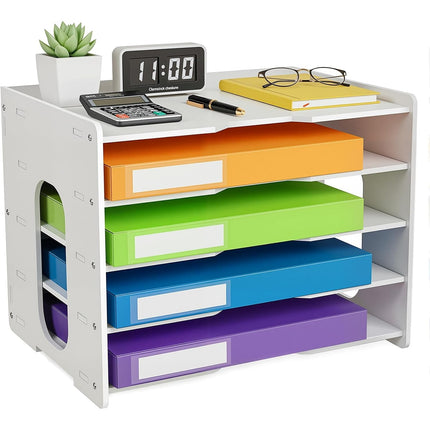 5-Tier Desktop File Organizer, White Paper Sorter and Document Holder for Office Desk, Home, School