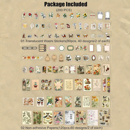 200 Pieces Vintage Ephemera Scrapbooking Supplies Pack for Journaling, Decoupage Paper Scrapbook Stickers Kit for Bullet Junk Journal Planners Collage Craft Notebooks Album