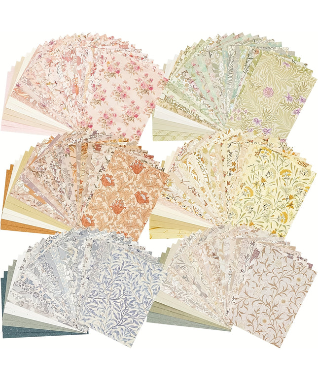 240pcs Vintage Floral Scrapbook Paper Set - 6 Pack A6 Textured Paper with Label Stickers for Collage, Junk Journal & Scrapbooking