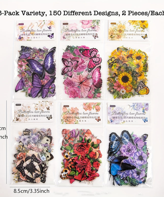 300pcs Transparent PET Butterfly & Flower Stickers - Waterproof Floral Decals for Journaling, Scrapbooking & DIY Crafts