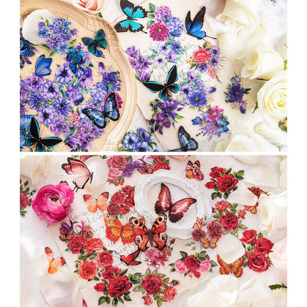 300pcs Transparent PET Butterfly & Flower Stickers - Waterproof Floral Decals for Journaling, Scrapbooking & DIY Crafts
