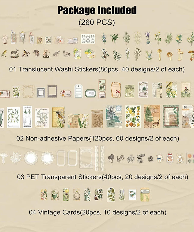 260pcs Vintage Scrapbook Accessories Set, Retro Stickers and Papers for Crafting DIY Journaling Decoration