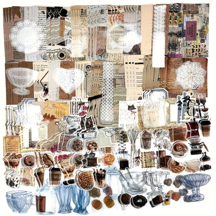 260PCS Vintage Scrapbooking Stickers Paper Pack for Journaling Junk Journal Planners Collage Craft Notebooks Album Coffee and Bread Theme