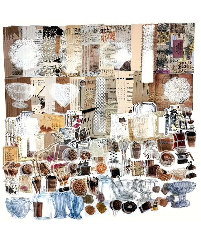260PCS Vintage Scrapbooking Stickers Paper Pack for Journaling Junk Journal Planners Collage Craft Notebooks Album Coffee and Bread Theme