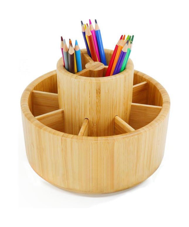 360° Rotating Bamboo Desk Organizer - Heavy Duty Multi-Use Art Supply Caddy for Pens, Markers, Pencils, Makeup & Paint Brushes | All-in-One Storage Holder