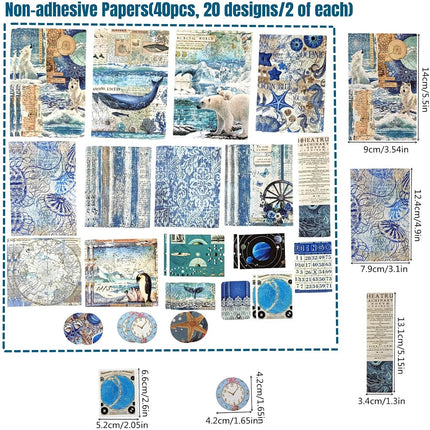100 PCS Ocean Theme Ephemera Pack - Scrapbook Sticker Paper, Washi & PET Stickers for Junk Journal, Collage, Planners & Craft Supplies