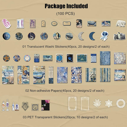 100 PCS Ocean Theme Ephemera Pack - Scrapbook Sticker Paper, Washi & PET Stickers for Junk Journal, Collage, Planners & Craft Supplies