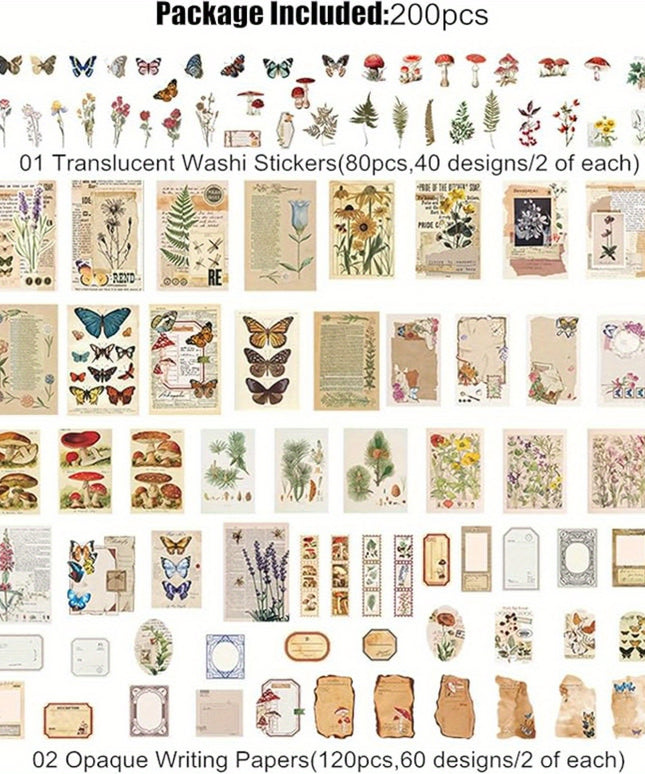 200Pcs Vintage Scrapbooking Paper Set, Assorted Designs for Journal Crafting, Journaling, Planner Decoration, Aesthetic Room Wall Art, Collage Album Supplies - Paper Material