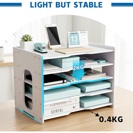 5-Tier Desktop File Organizer, White Paper Sorter and Document Holder for Office Desk, Home, School