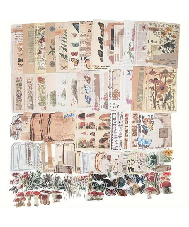 200Pcs Vintage Scrapbooking Paper Set, Assorted Designs for Journal Crafting, Journaling, Planner Decoration, Aesthetic Room Wall Art, Collage Album Supplies - Paper Material