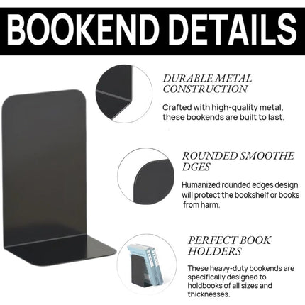 12-Pack Heavy Duty Metal Bookends for Shelves - Non-Slip Steel Book Organizers for Office & Home Use