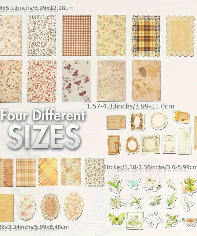 400pcs/4 Pack Vintage Floral Scrapbook Paper & Journaling Stickers Assorted Set Junk Journal Supplies for Journaling Retro Crafts Planner Mixed Media Collage Card Album DIY Scrapbooking