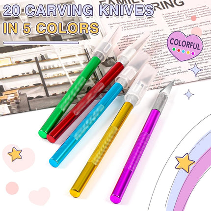 20 Pack Colored Precision Craft Knife Set - Exacto Knife with Blades for Paper, Cardboard, Wood, Hobby & DIY Art Projects