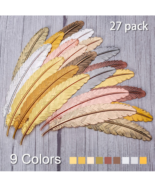 27-Piece Vintage Feather Metal Bookmark Set in 9 Elegant Colors | Thin Metal Page Markers for Readers, Adults & Kids
