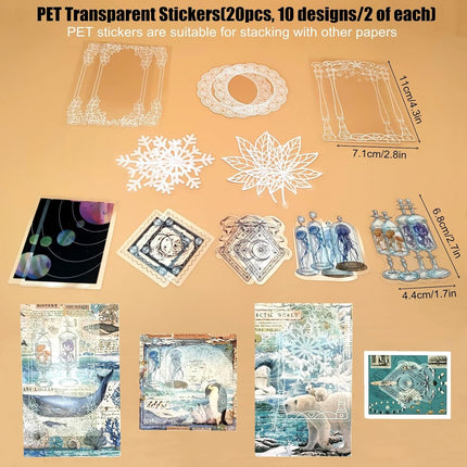 100 PCS Ocean Theme Ephemera Pack - Scrapbook Sticker Paper, Washi & PET Stickers for Junk Journal, Collage, Planners & Craft Supplies