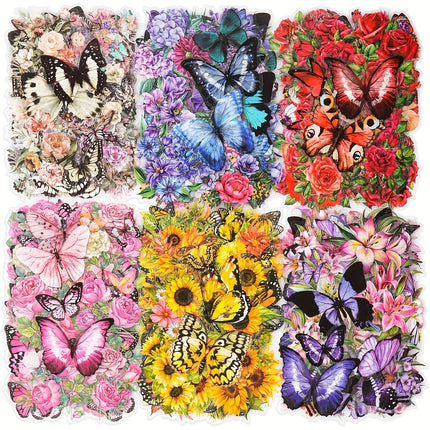 300pcs Transparent PET Butterfly & Flower Stickers - Waterproof Floral Decals for Journaling, Scrapbooking & DIY Crafts