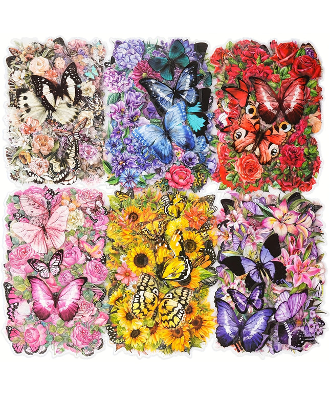 300pcs Transparent PET Butterfly & Flower Stickers - Waterproof Floral Decals for Journaling, Scrapbooking & DIY Crafts