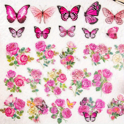 300pcs Transparent PET Butterfly & Flower Stickers - Waterproof Floral Decals for Journaling, Scrapbooking & DIY Crafts