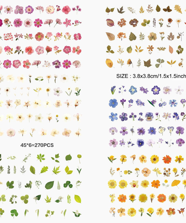 270 Pieces Flower Stickers Set - Waterproof Dried Floral Botanical Journaling Stickers for Scrapbook, Junk Journal, Bullet Journal, Planner & Crafts (1.42 inch/3.6 cm)