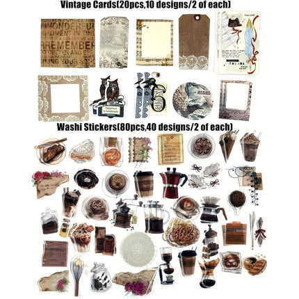 260PCS Vintage Scrapbooking Stickers Paper Pack for Journaling Junk Journal Planners Collage Craft Notebooks Album Coffee and Bread Theme